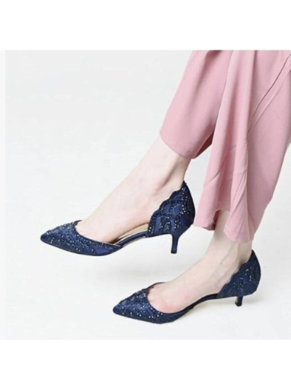 XYD Women's Pumps, Pointed Toe, D'Orsay Kitten Low Heels, Rhinestone Studs Blue